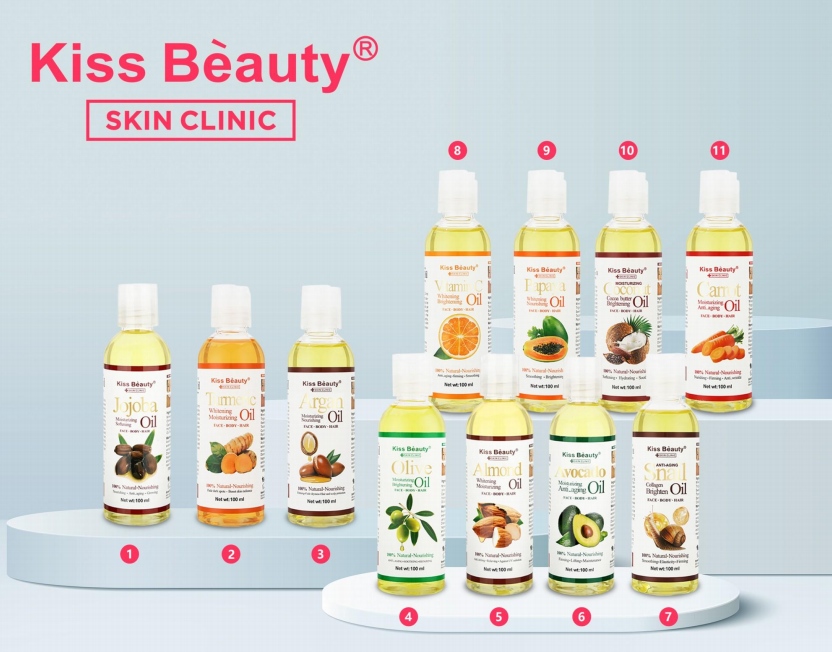 Jojoba, argan, almond, and coconut oils for moisturizing body care